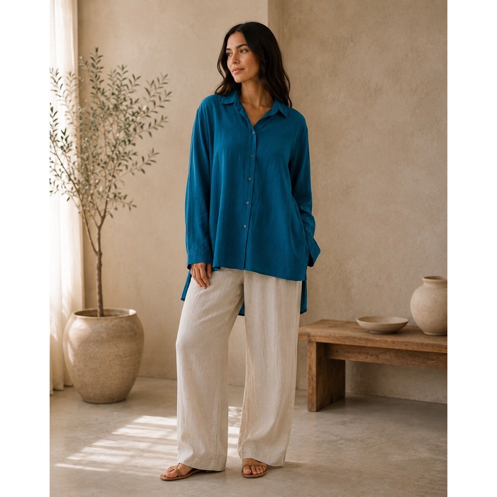 Eileen Fisher 3X Teal Organic Linen Button Front Tunic Shirt Oversized - Picture 1 of 8